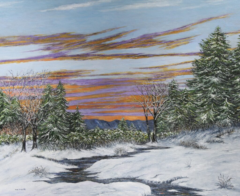 oil painting by Martha K. Moore of a colorful sunset over a snowy, winter landscape