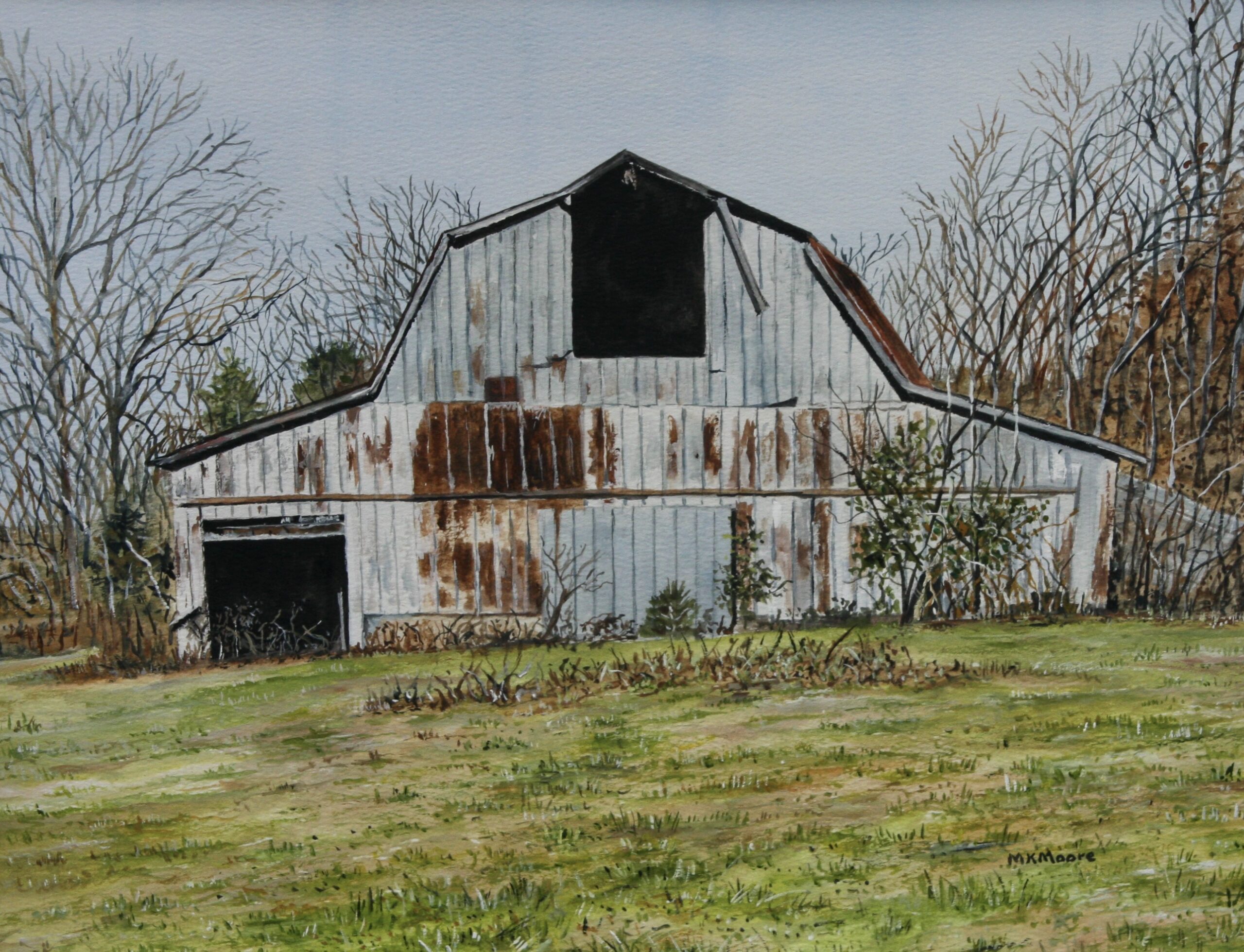 watercolor painting by Martha K. Moore of a deteriorating, rusty metal barn