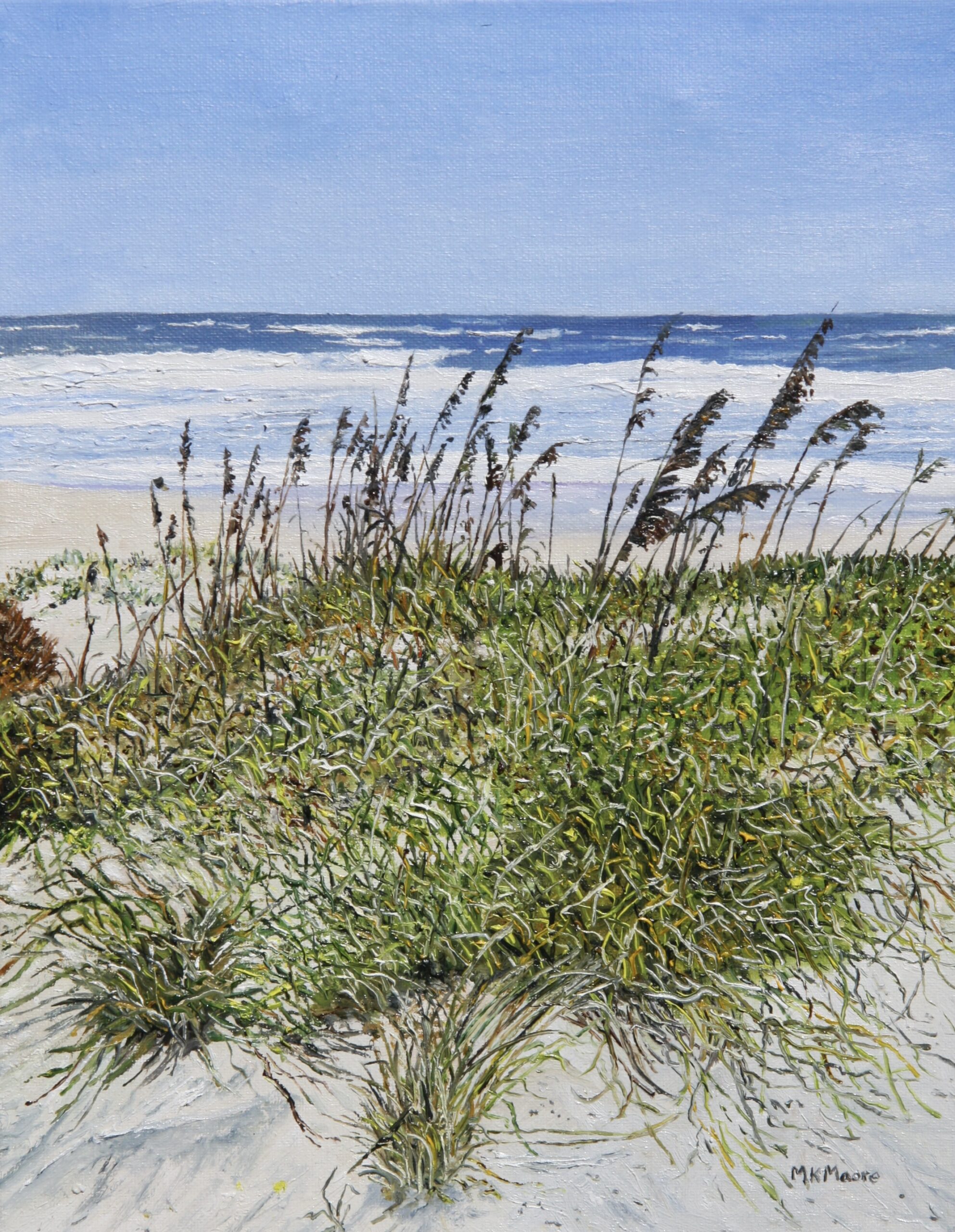oil painting by Martha K. Moore of a sand dune in NC growing sea oats, overlooking the ocean