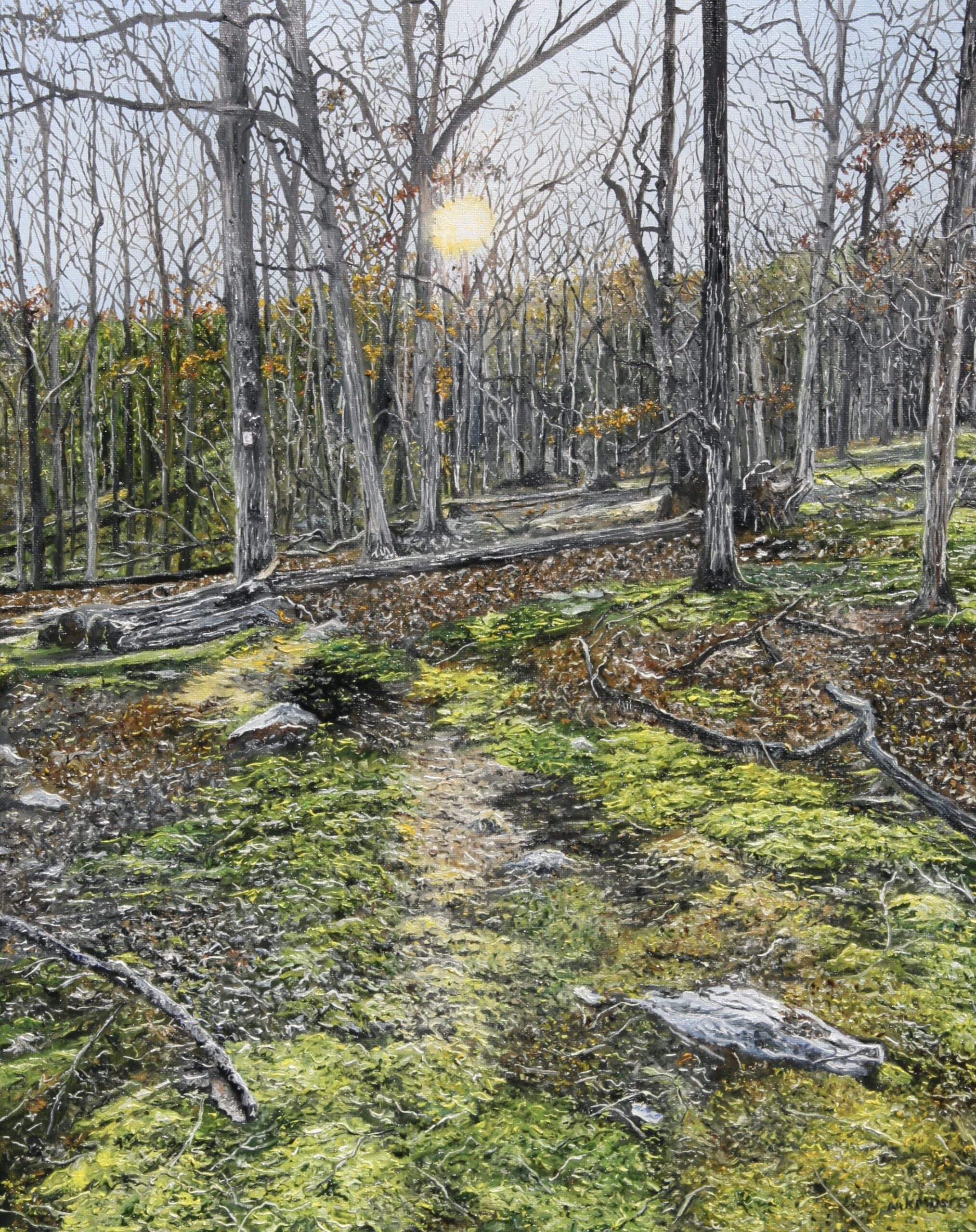 oil painting by Martha K. Moore of a wooded winter trail in Cacapon Resort State Park, WV