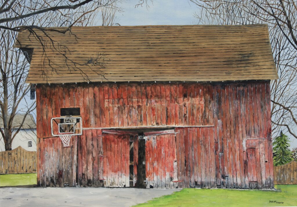 watercolor painting by Martha K. Moore a weathered barn with red boards and a basketball goal