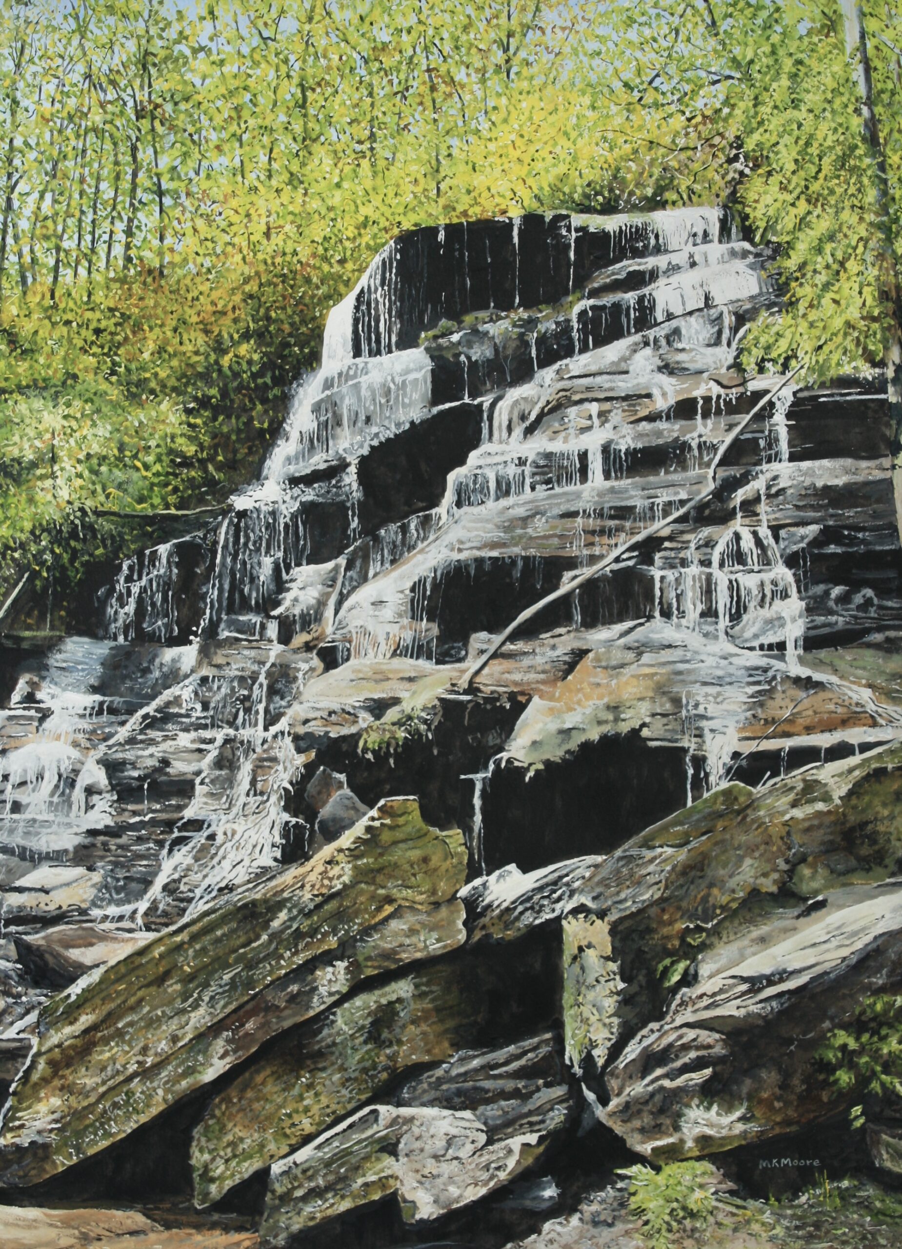 watercolor painting by Martha K. Moore of Issaquenna Falls waterfall in spring