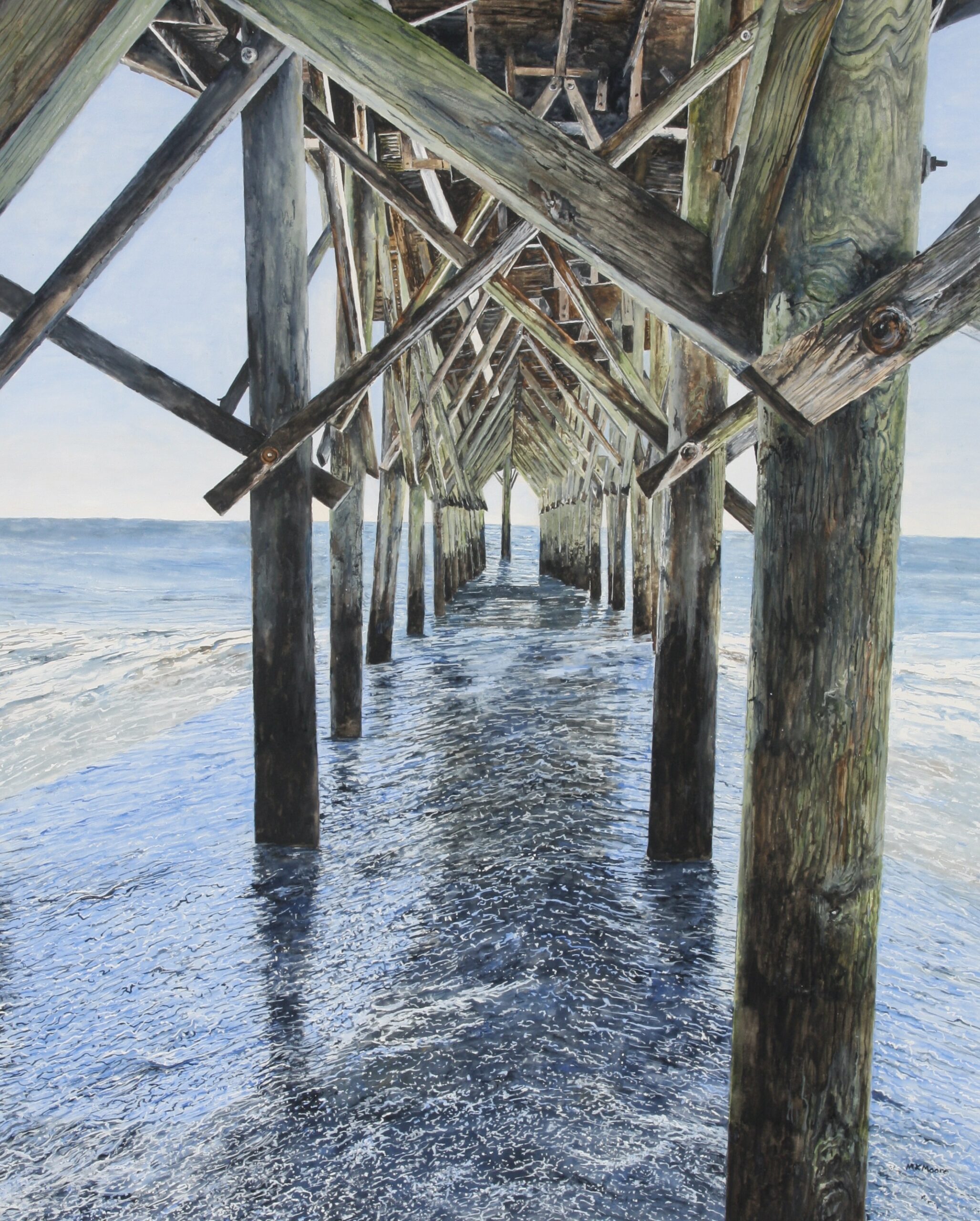 watercolor painting by Martha K. Moore of the underside of an ocean front pier