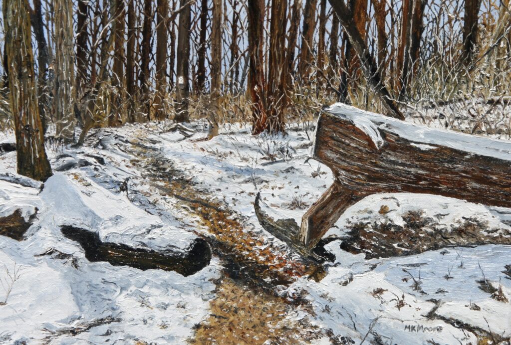 oil on canvas painting by Martha K. Moore of a winter scene of the Appalachian Trail