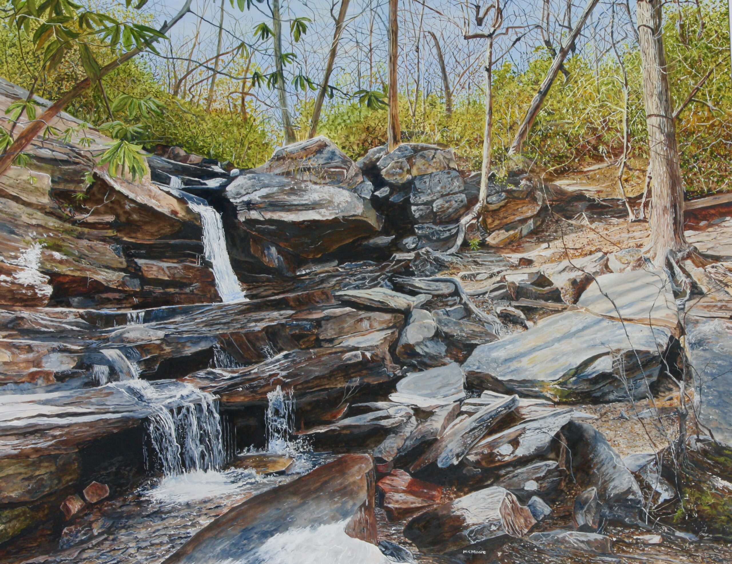 watercolor painting by Martha K. Moore of a waterfall in Hanging Rock State park in North Carolina