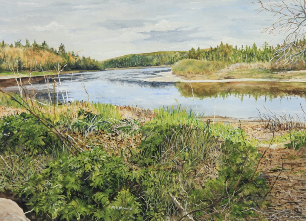 watercolor painting by Martha K. Moore of a view of the St. John River in Maine