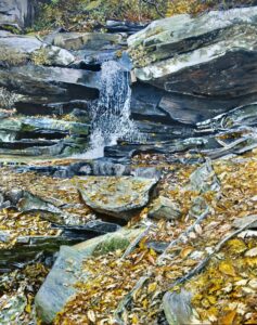 Oil on canvas original painting by Martha K. Moore of a waterfall in Hanging Rock State Park, NC