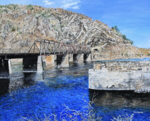 oil painting by Martha K. Moore of the railway bridge at Harpers Ferry, WV