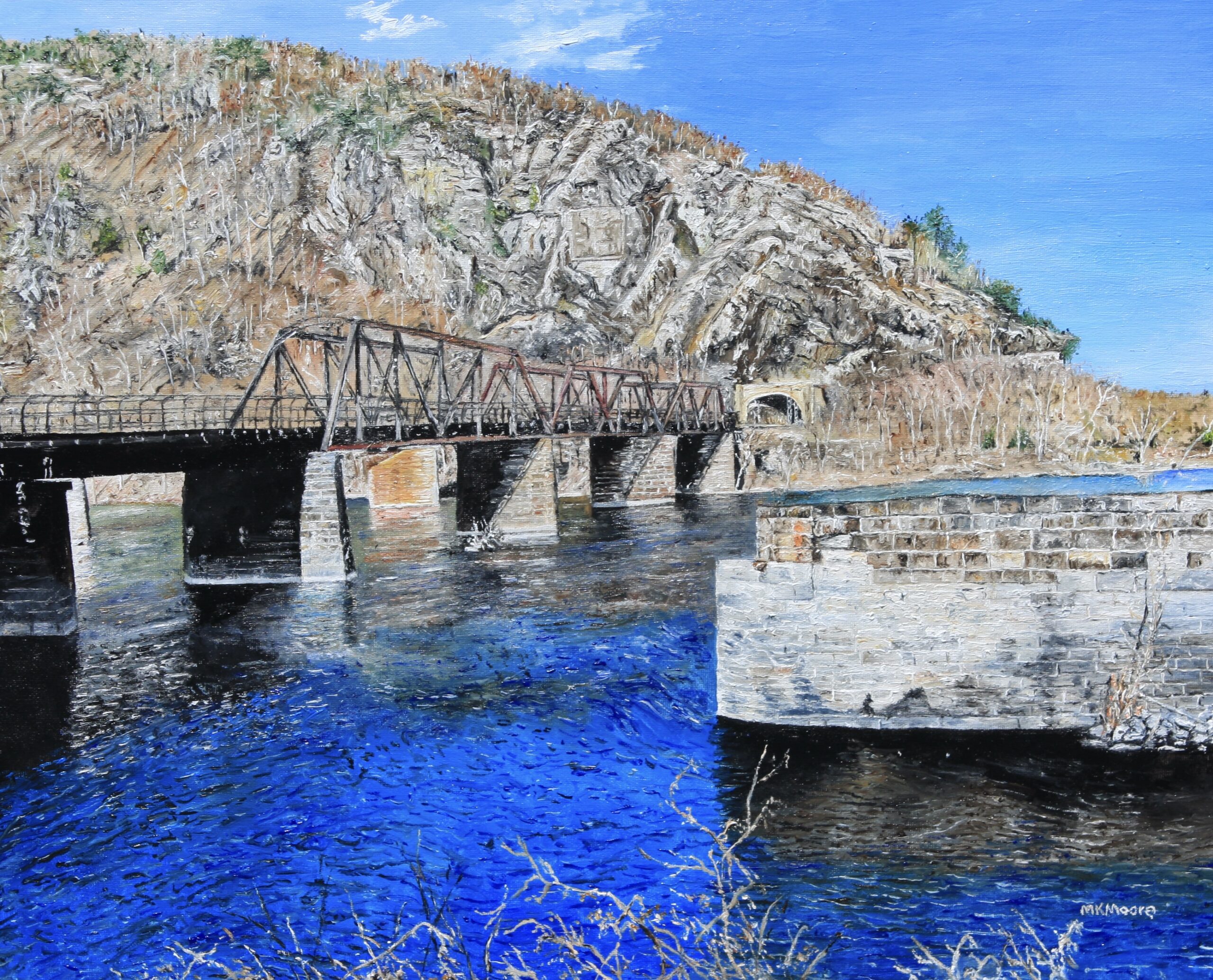 oil painting by Martha K. Moore of the railway bridge at Harpers Ferry, WV