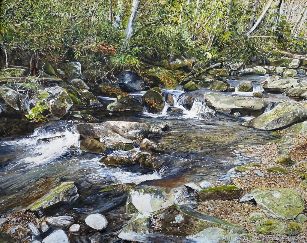 watercolor painting by Martha K. Moore of a rocky mountain stream