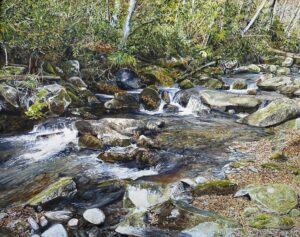 watercolor painting by Martha K. Moore of a rocky mountain stream