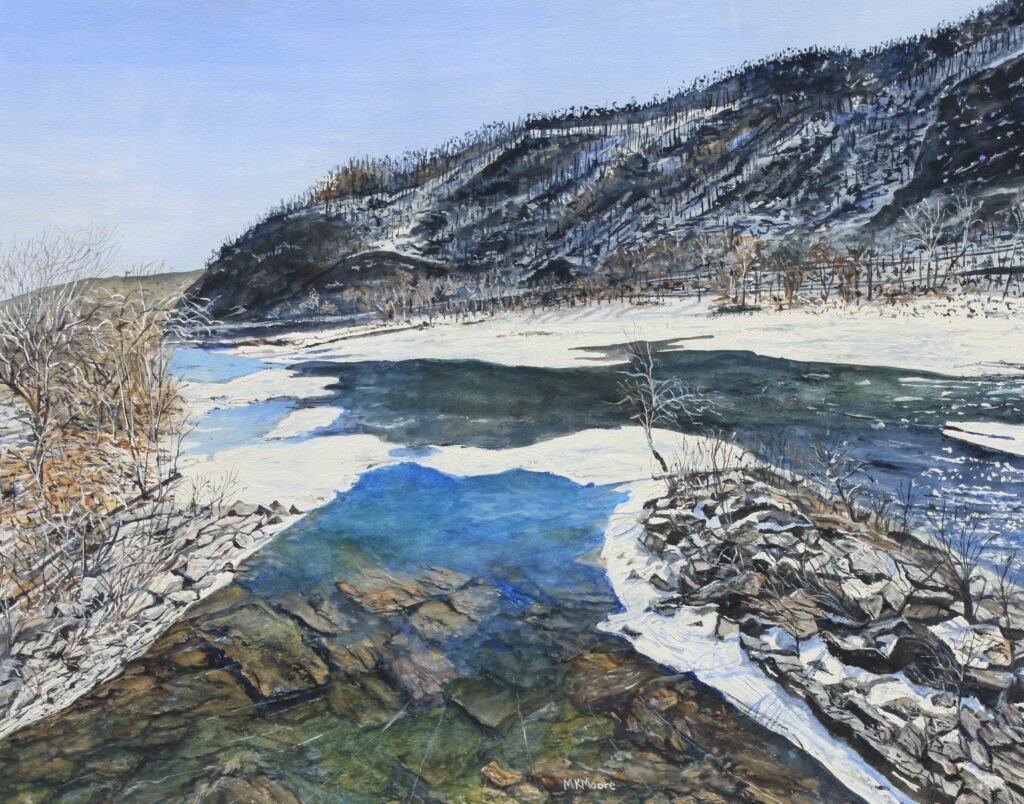 watercolor painting by Martha K. Moore of the Shenandoah River confluence with the Potomac River in Harpers Ferry, WVA