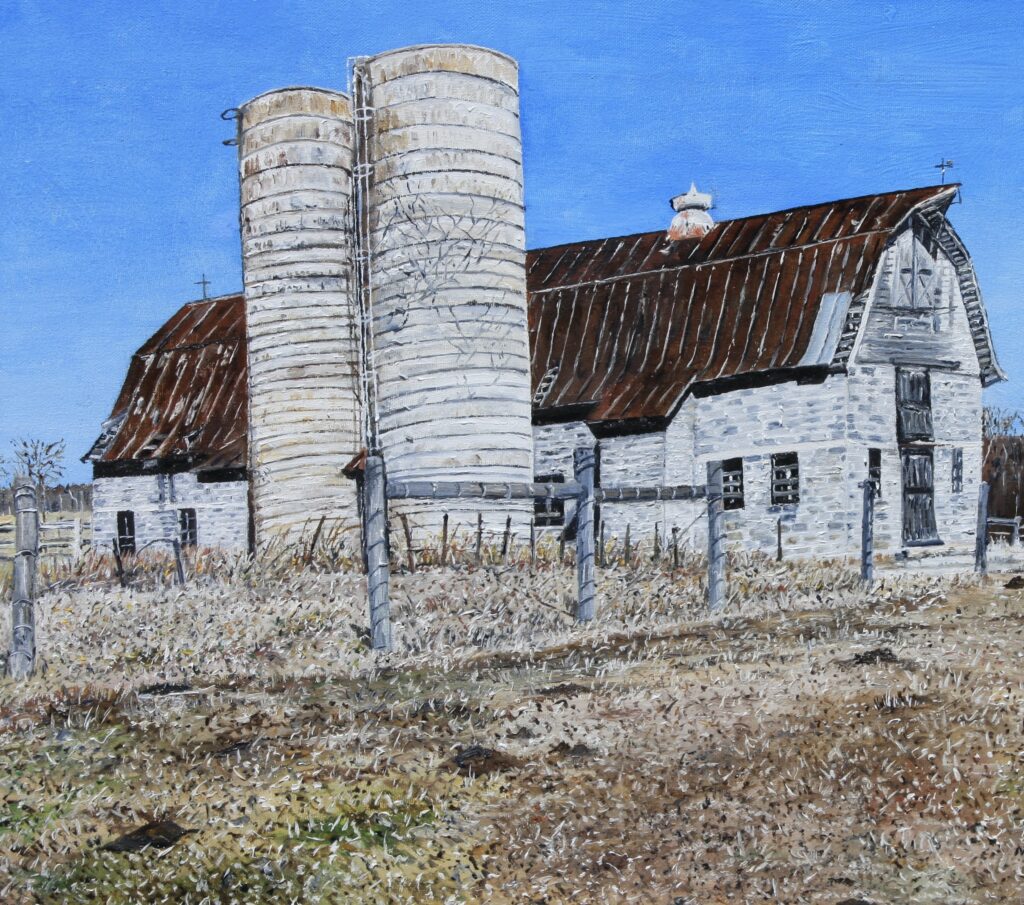 oil on canvas painting by Martha K. Moore of an abandoned dairy barn