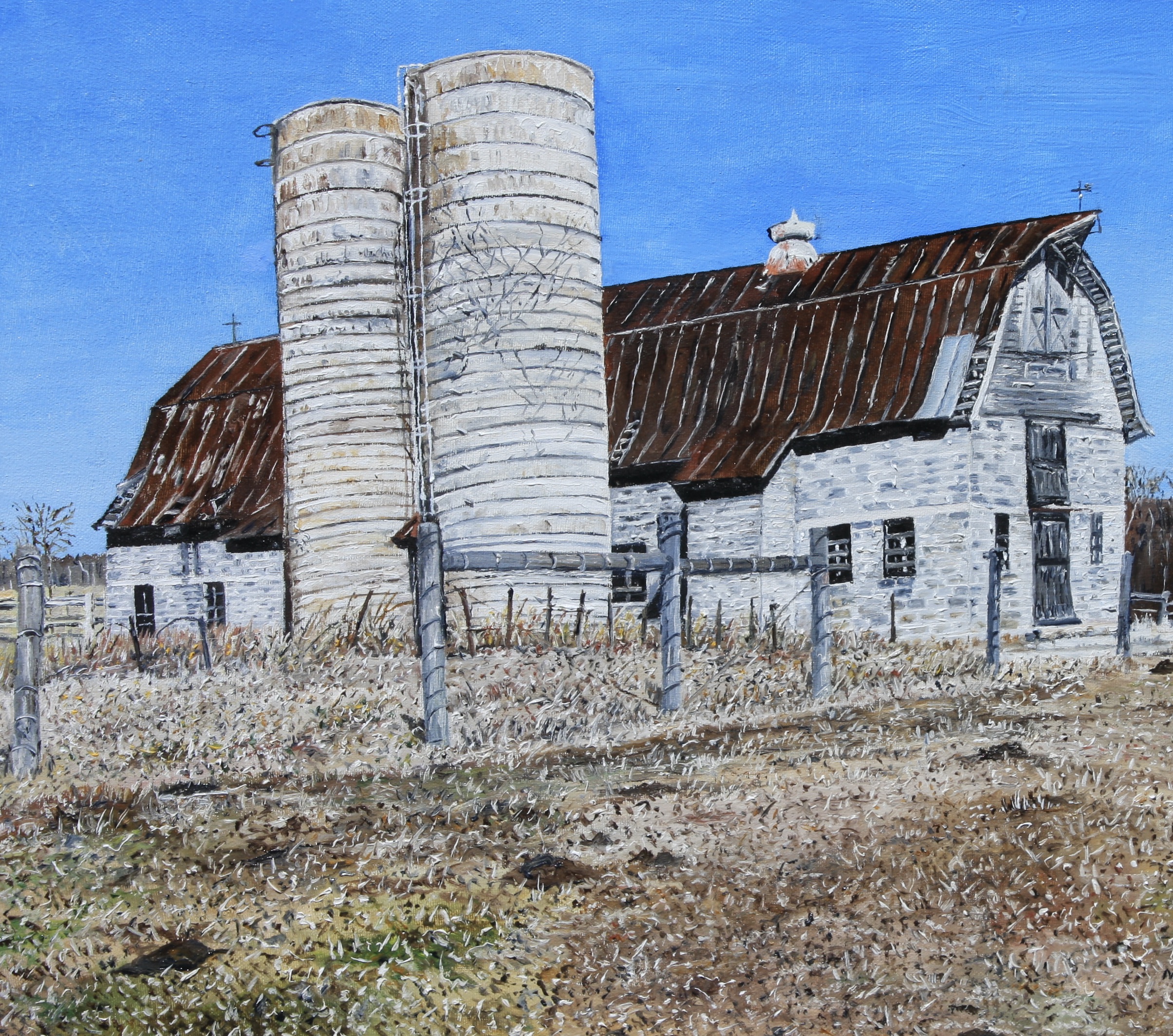 oil on canvas painting by Martha K. Moore of an abandoned dairy barn