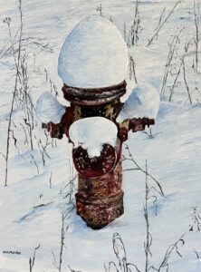 oil on canvas painting by Martha K. Moore of a snow-covered fire hydrant