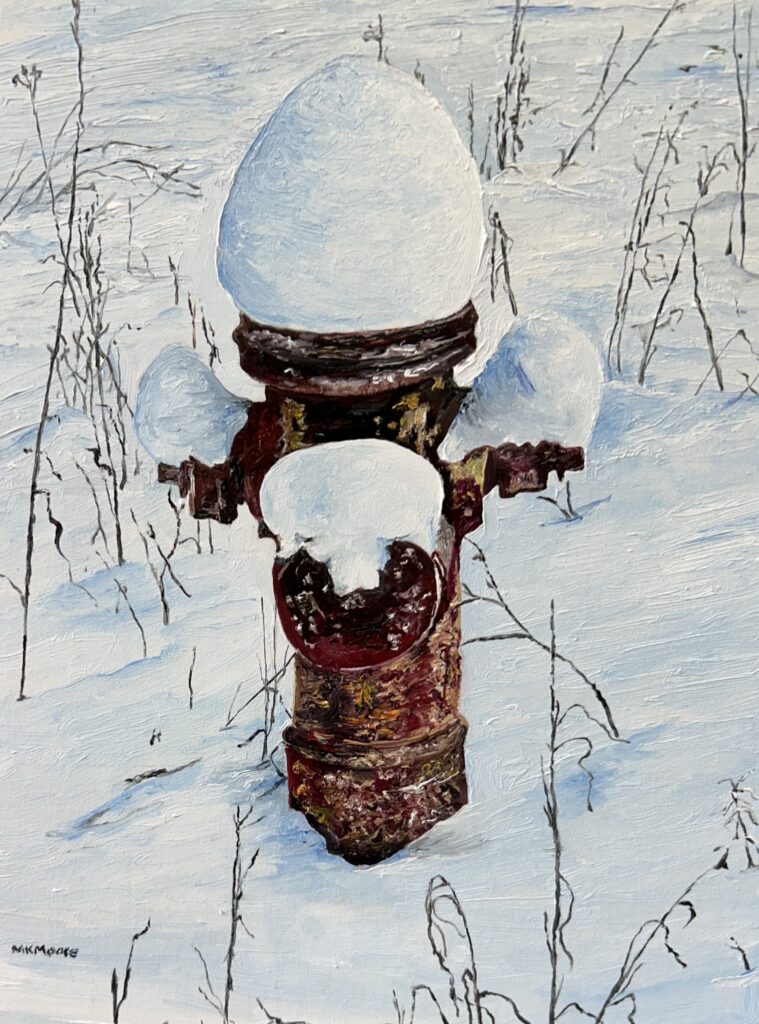 oil on canvas painting by Martha K. Moore of a snow-covered fire hydrant