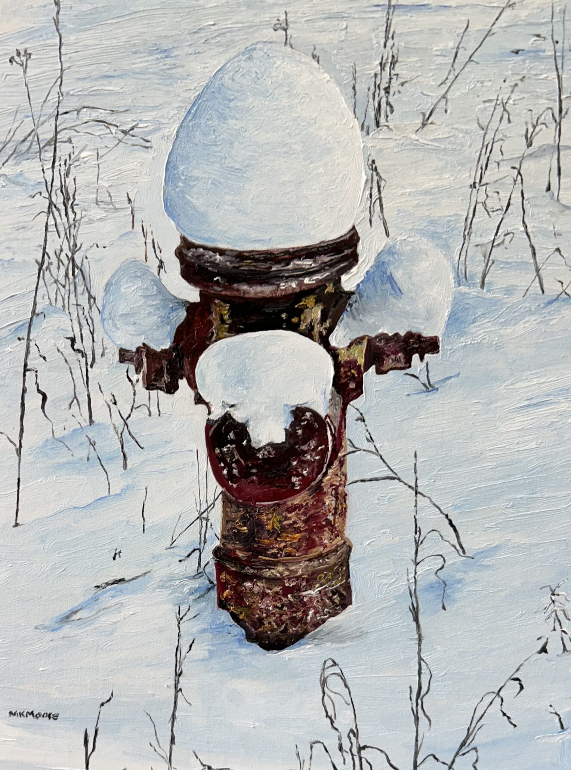 oil on canvas painting by Martha K. Moore of a snow-covered fire hydrant
