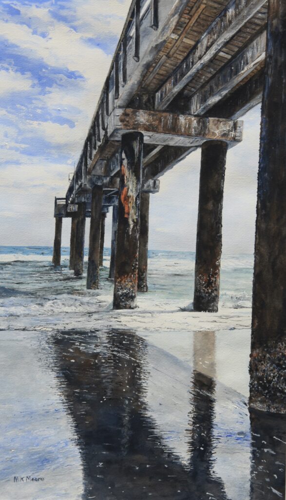 watercolor painting by Martha K. Moore of the underside of a beach pier
